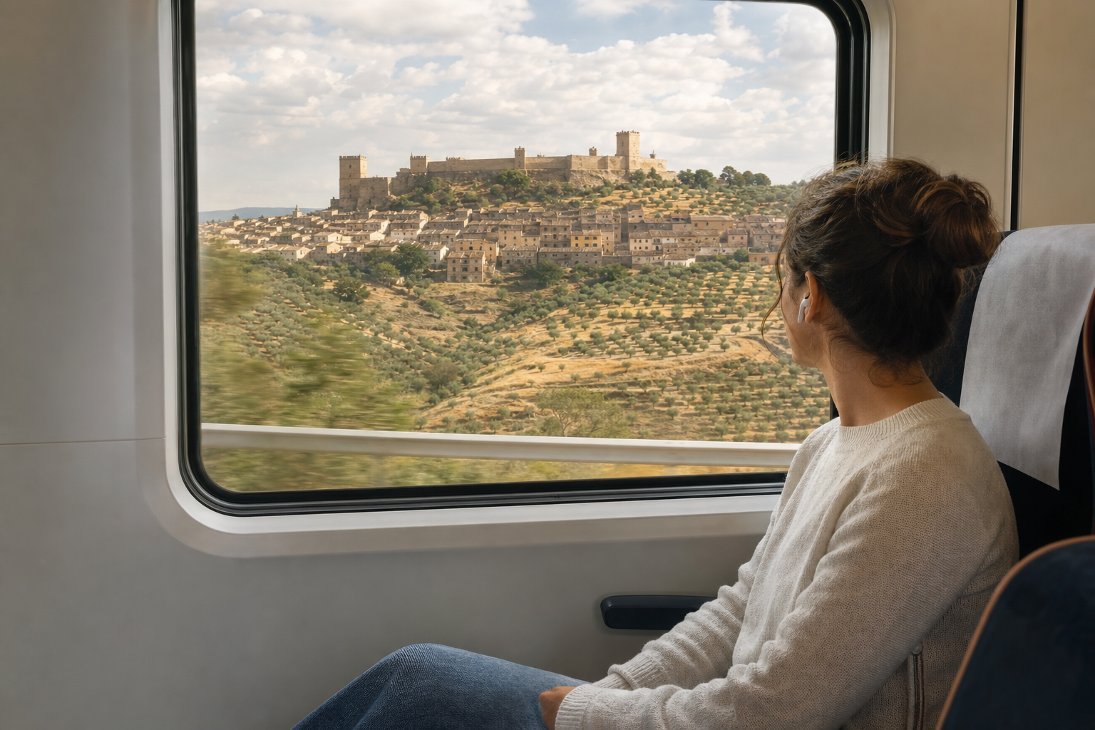 Calm learner listening on a train through Spanish countryside